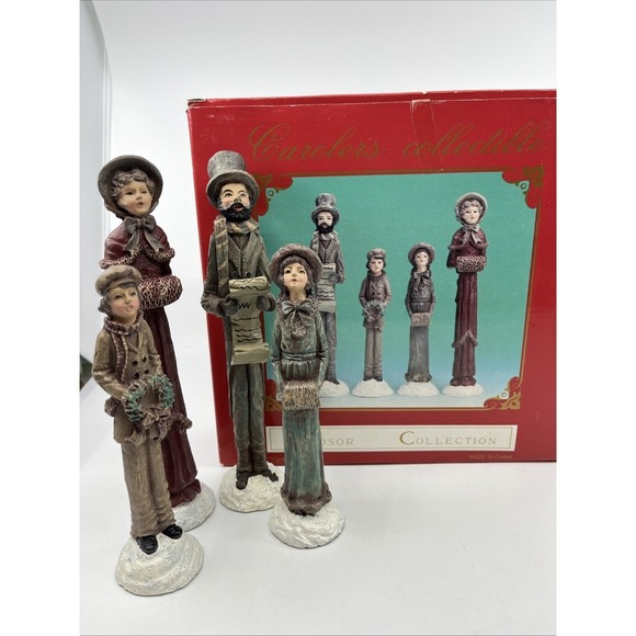 Vtg Carolers Tall Skinny Resin Family 6" & 8" Victorian Style With Box Christmas - Picture 1 of 8